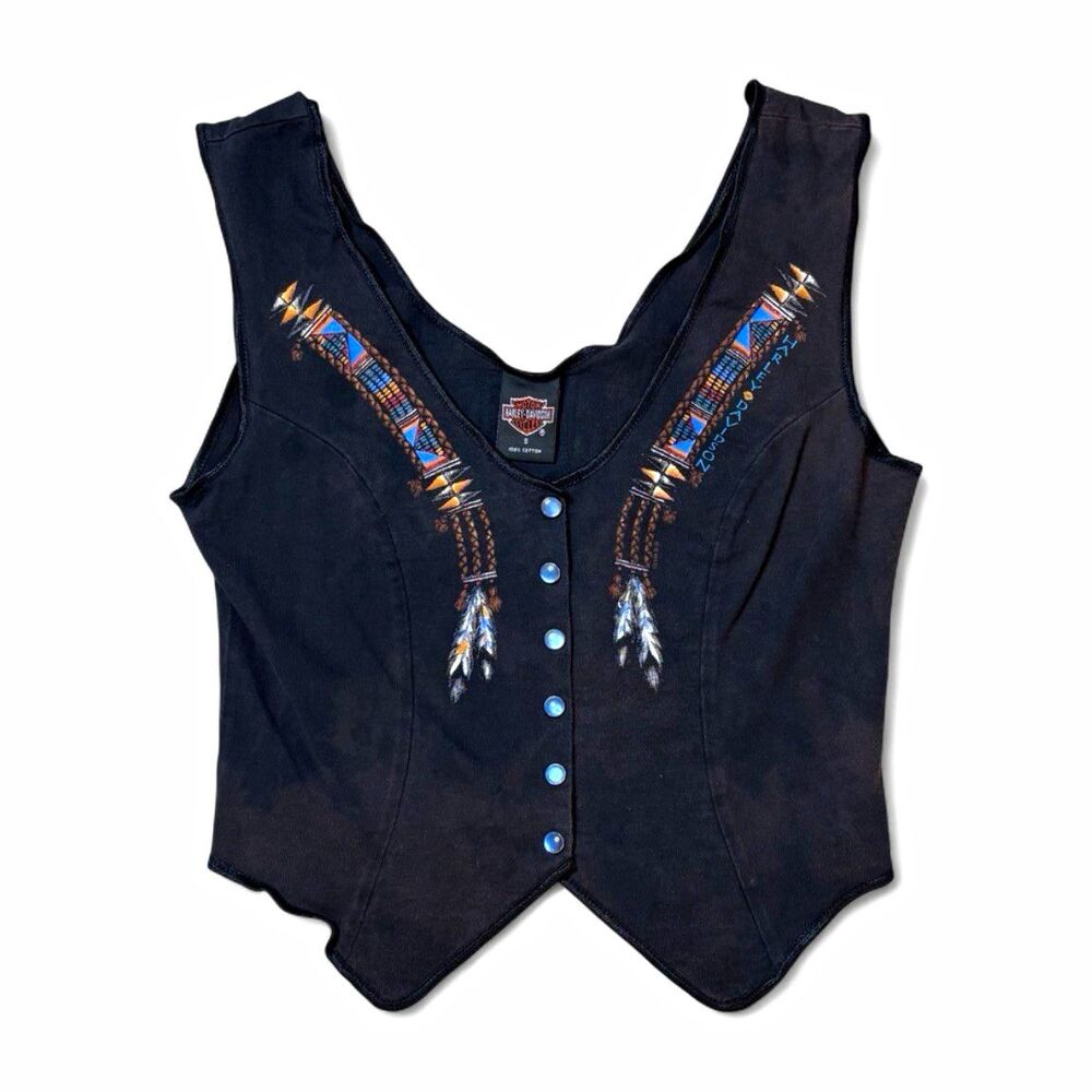 Vintage 90s Harley Davidson Southwestern Button Vest Size S Black A.D. Farrow Oh